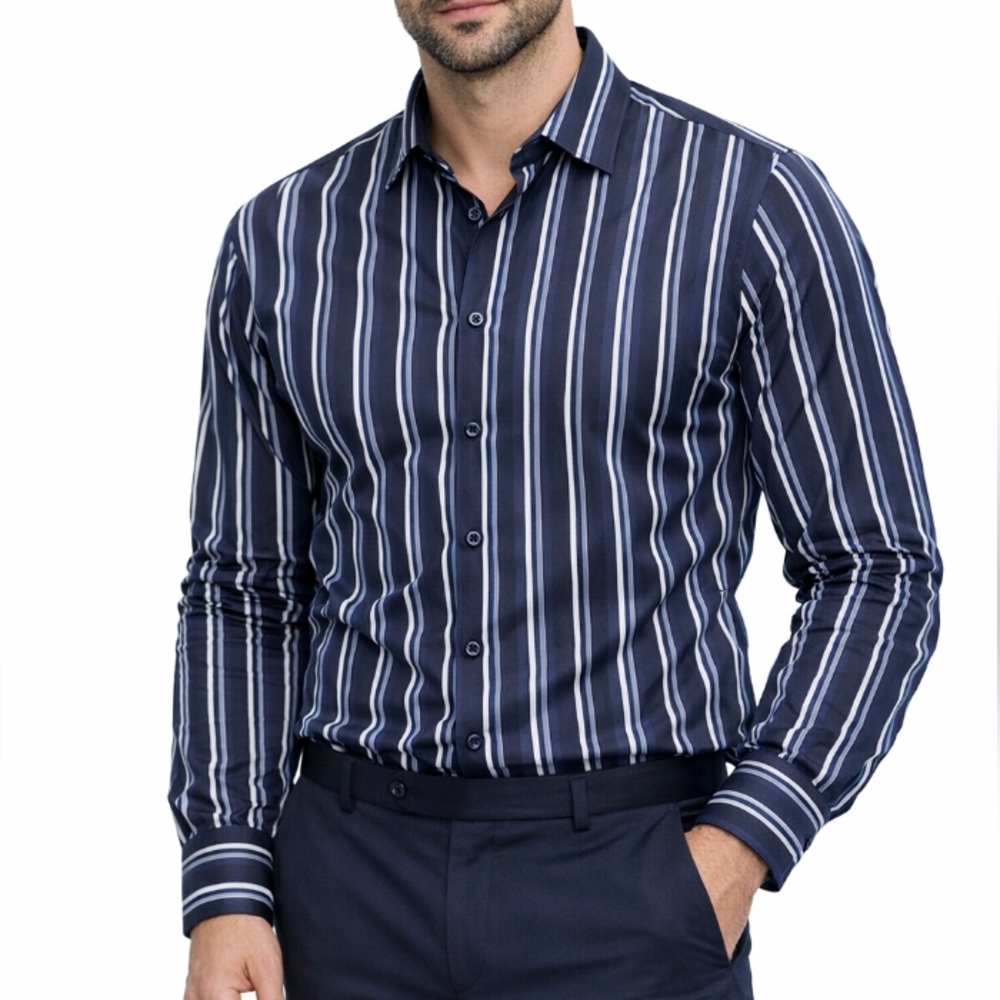 Barneys New York Striped Casual Shirt Navy White Large